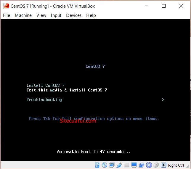CentOS boot menu trong VirtualBox
